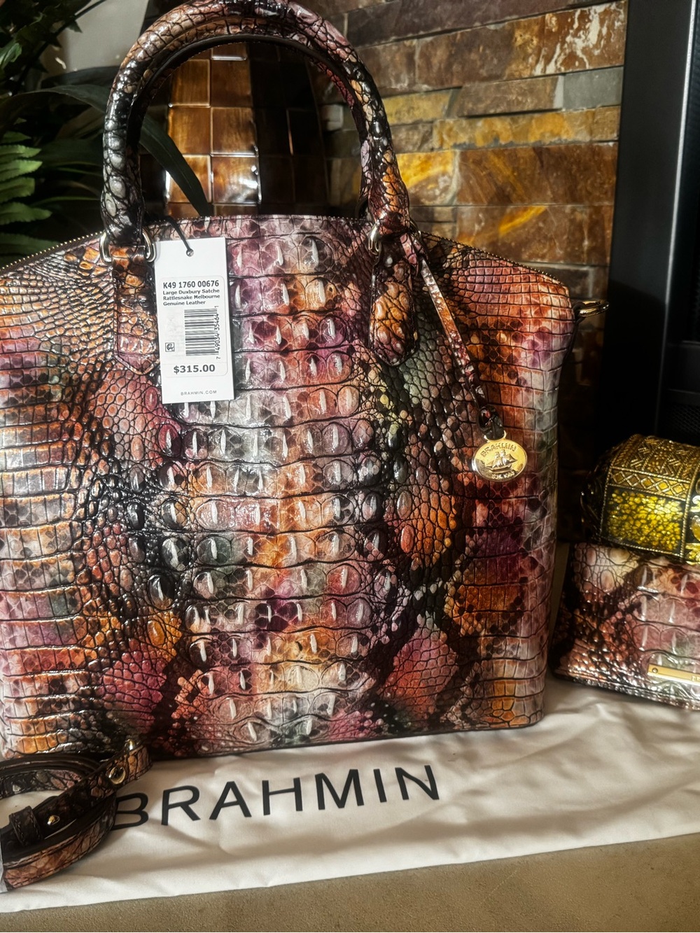 Brahmin Multicolor Embossed Leather Satchel with matching wallet. Snake print. - Picture 3 of 5